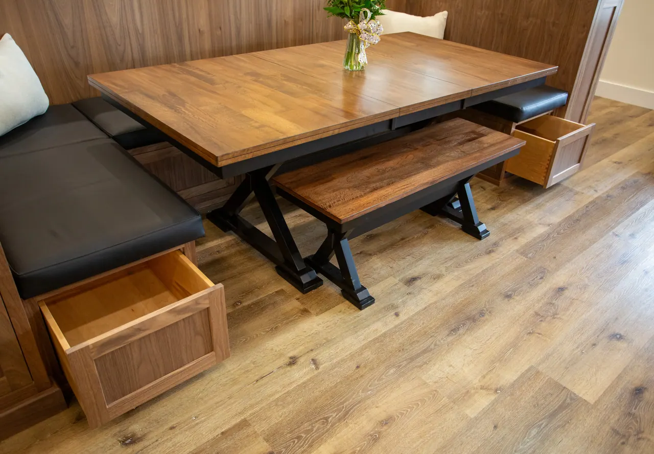 Banquette seat with pull-out drawer storage
