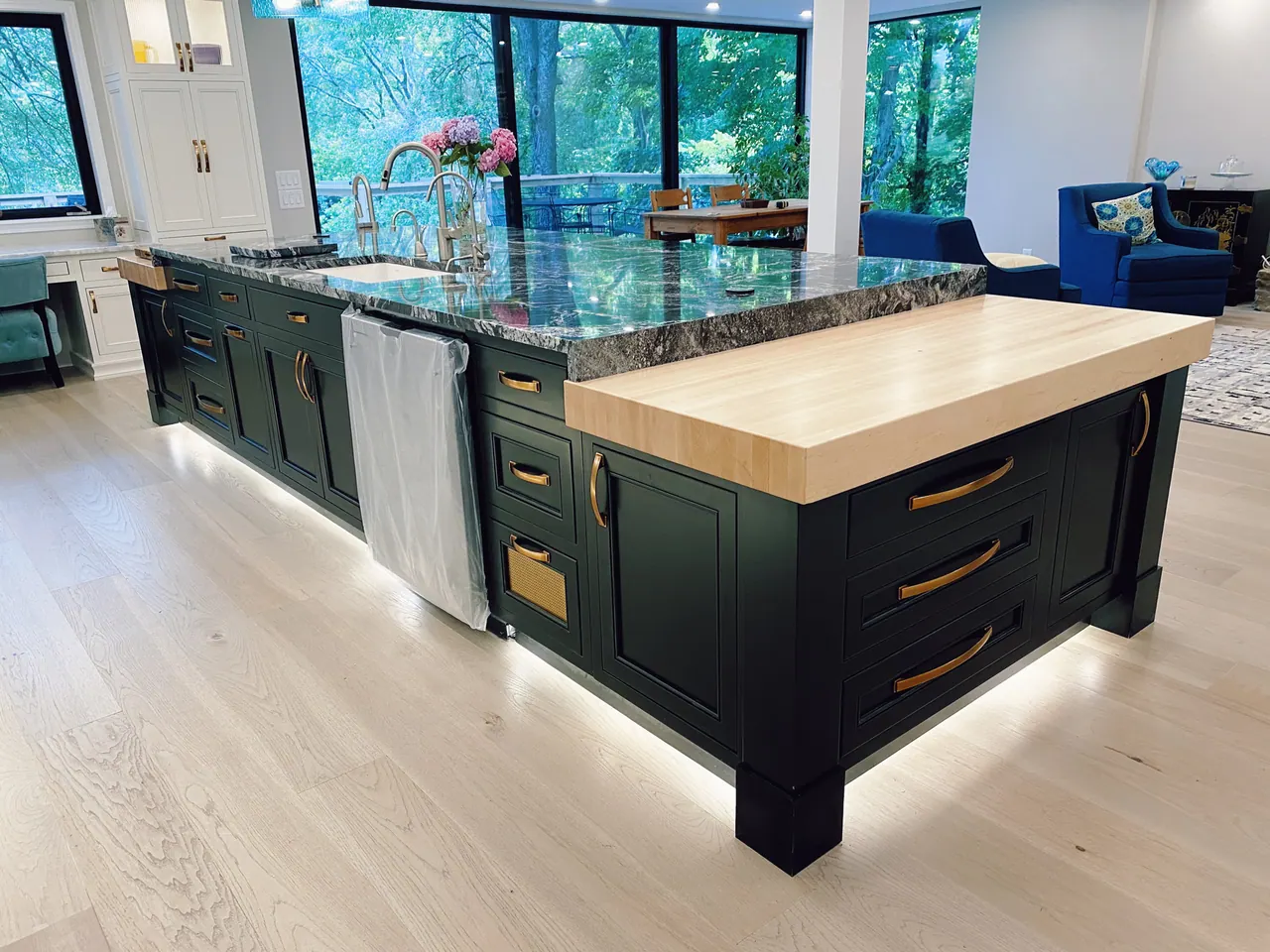 Black island with butcher block end and drawer bank