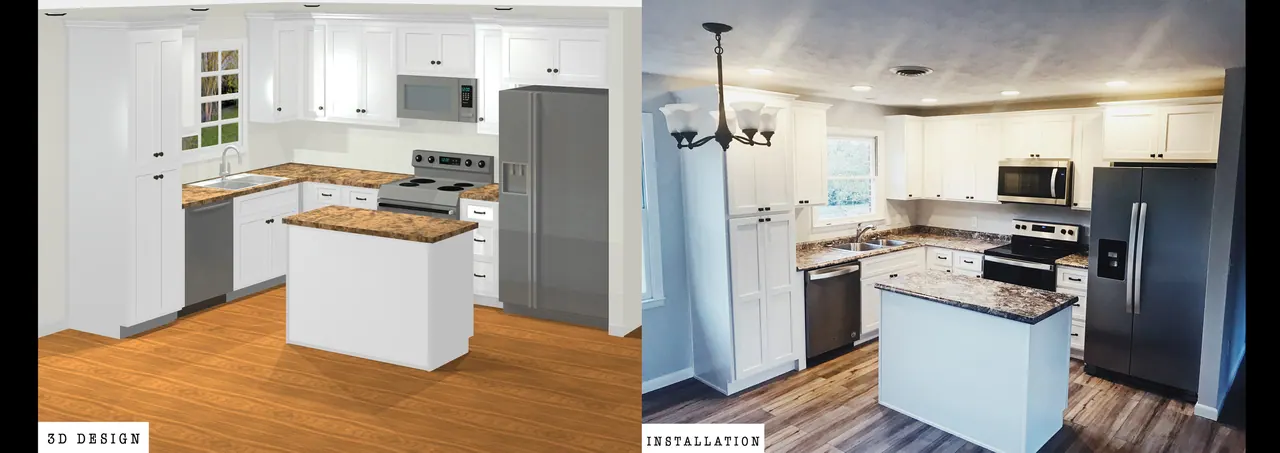A Doss Cabinets 3D kitchen design shown beside the finished installation
