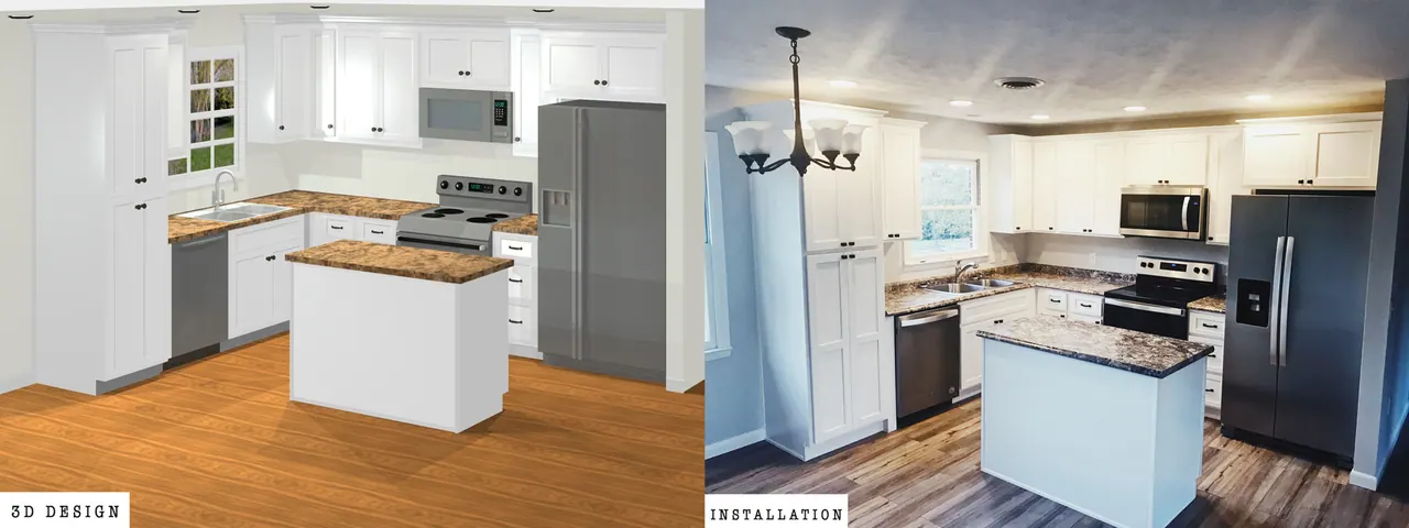 3D cabinet rendering compared with the installed kitchen