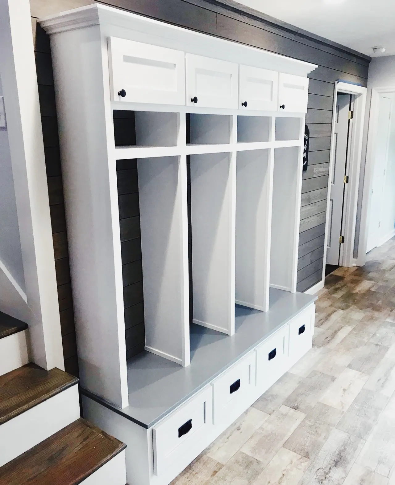 Mudroom locker built-ins with hooks and drawers