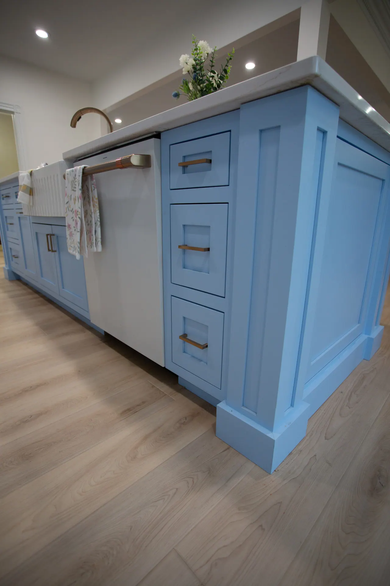 Blue island end panel with decorative trim