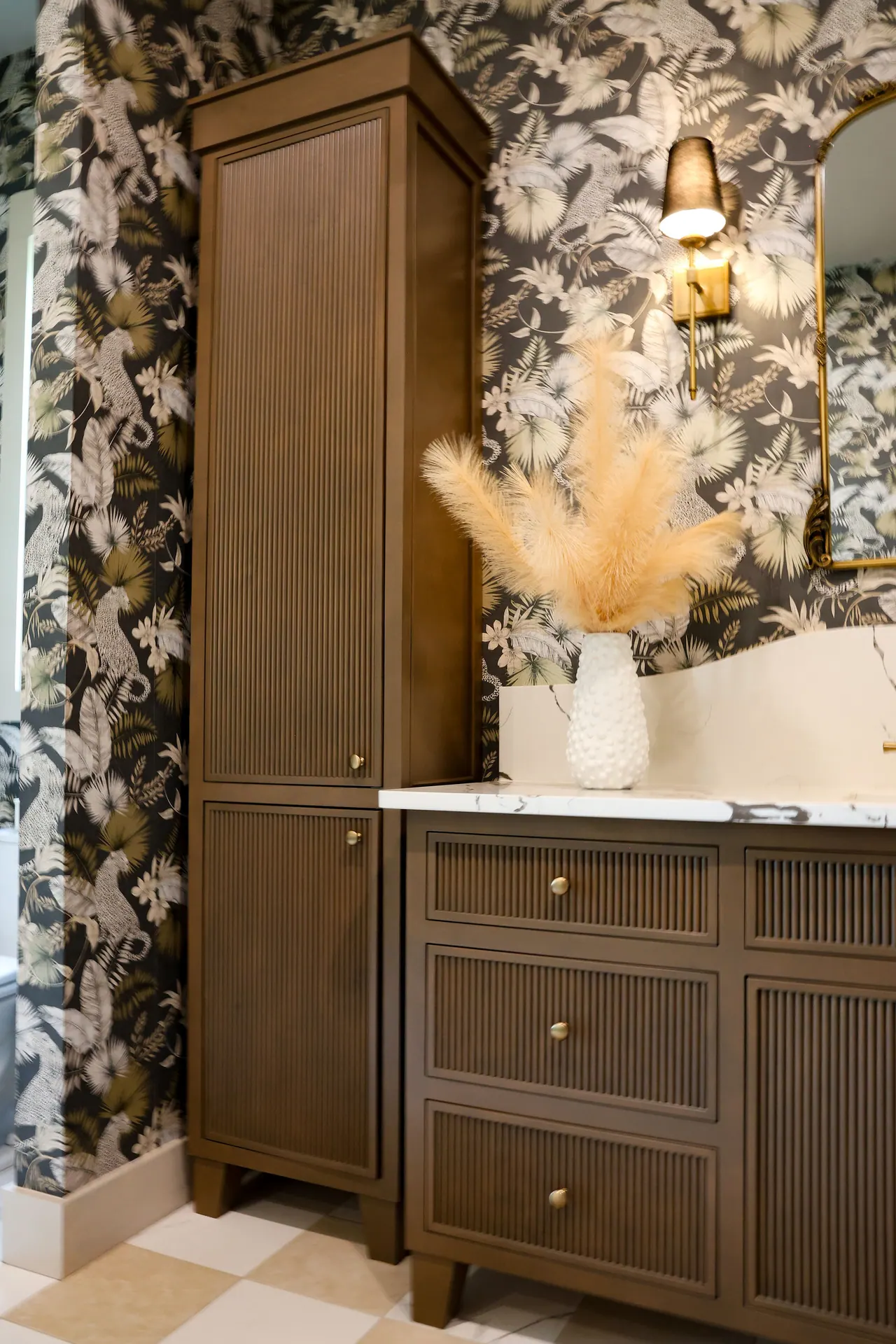Linen tower and vanity in a brown fluted finish